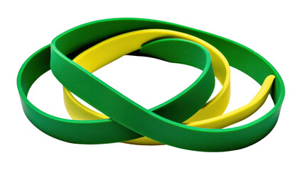 Colorful intertwined rubber bands arranged in dynamic overlapping loop design representing flexibility organization stationery and practical everyday utility on white background