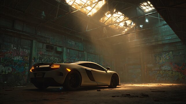 Sleek sports car bathed in radiant light within an abandoned industrial setting