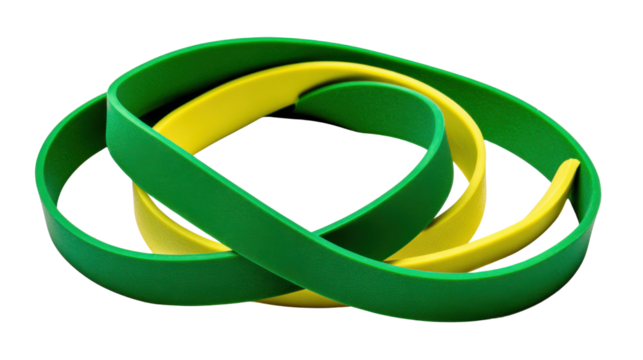 Colorful intertwined rubber bands arranged in dynamic overlapping loop design representing flexibility organization stationery and practical everyday utility on white background