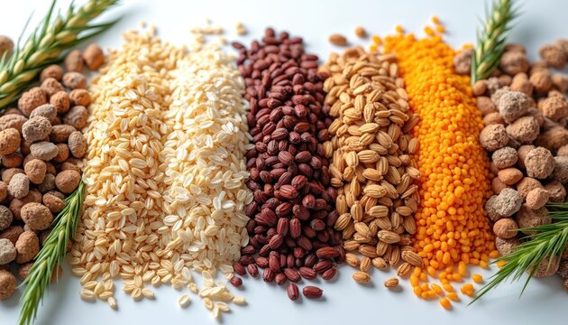 Colorful arrangement of various grains seeds lentils, dried plants. Healthy natural eco food ingredients carefully arranged in neat rows. Organic agriculture harvest products for cooking, healthy