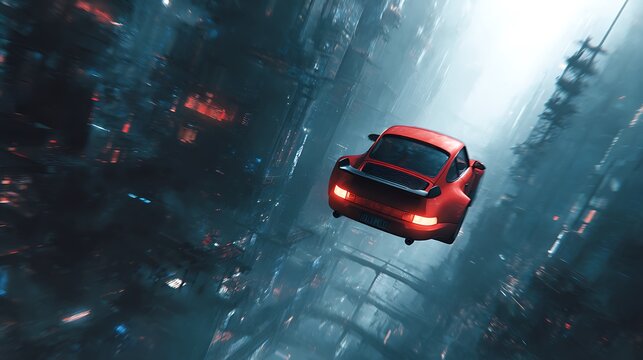 Retro futurism cityscape with a classic sports car ascending towards the light