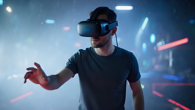 Man Using Virtual Reality Headset in Futuristic Neon Environment.
