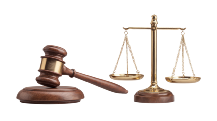 Judge wooden gavel with golden balance scales symbolizing justice law authority courtroom decision and legal judgment concept isolated objects on white background