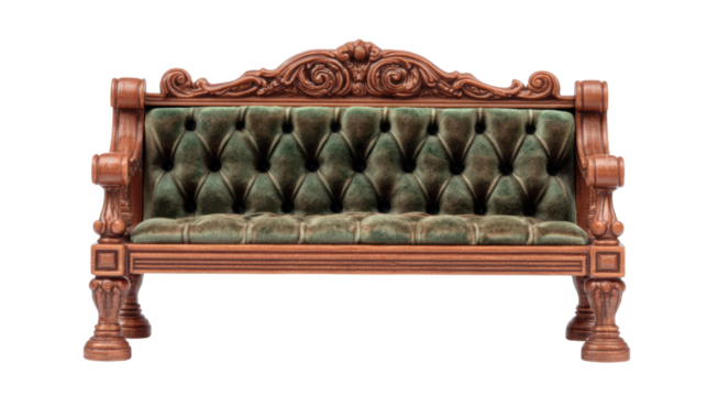Vintage carved wooden sofa with green tufted upholstery showing classic antique furniture style and luxury decorative craftsmanship isolated elegant object on white background