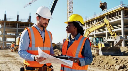 Engineers review blueprints for construction project on building site, conveying managerial expertise and attention to detail in a 4K UHD clip perfect for commercial uses requiring innovative.