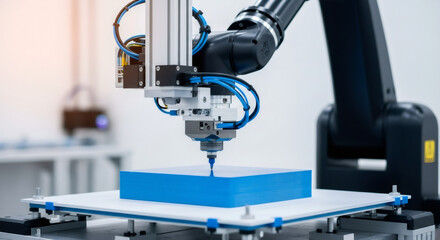 A robotic arm performs 3d printing in a modern factory. Additive manufacturing with an automated machine. Industry 4.0 and high-tech production concept