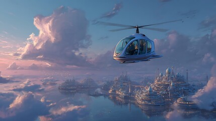 Futuristic aerial tour featuring hovercraft over otherworldly cityscape