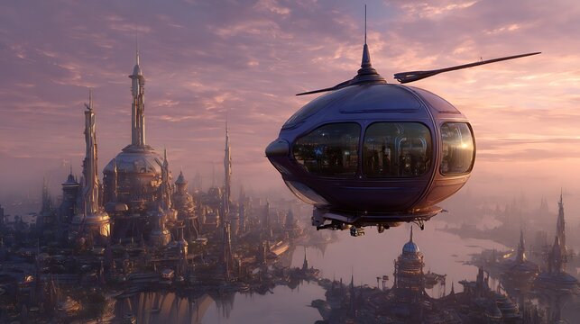 Futuristic airship soars above a sprawling, imaginative cityscape at dusk