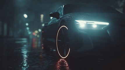 Sleek futuristic car parked on wet asphalt road during night and city lights