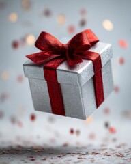 Coffret argent&eacute; avec ruban rouge &ndash; &Eacute;l&eacute;gance festive en apesanteur
