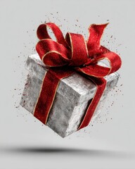 Coffret argent&eacute; avec ruban rouge &ndash; &Eacute;l&eacute;gance festive en apesanteur