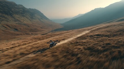 Futuristic flying motorbike exploring expansive mountain valley landscape