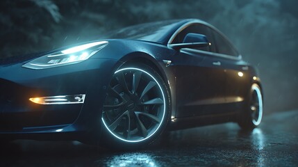 Electric car showcasing futuristic design elements on a wet asphalt surface