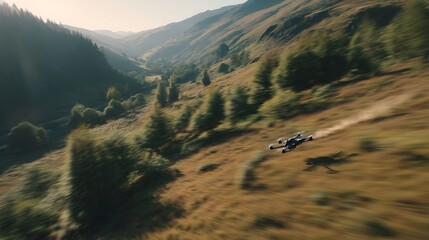Drone soaring over mountainous terrain, capturing the expansive valley view