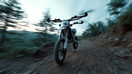 Futuristic Drone Motorcycle Exploring Remote Off-Road Terrain with Blurry Motion