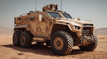 Advanced tactical vehicle situated in arid landscape showcases superior design