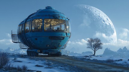 Fantastic lunar exploration vehicle on a desolate icy world with a massive moon