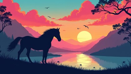 Silhouette of horse art. Sunrise illustration above mountain hills. Beautiful landscape with animal silhouette at river coast. Calm nature artwork with scenic views. Backdrop for blog social media
