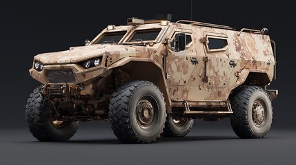 Detailed 3D Render of Modern Military Vehicle with Camouflage Design on Dark Background