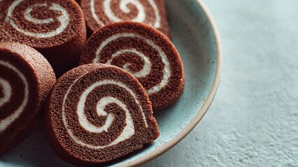 Delicious chocolate Swiss roll slices with cream spirals on a light blue plate, evoking a sense of indulgence and sweetness.