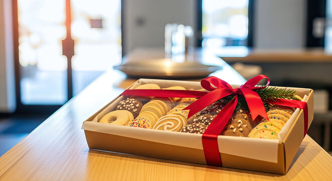 Assortment of cookies in gift box tied with red ribbon, ideal for Christmas fest and seasonal sales. Freshly baked ginger cookies are festive treat, - Powered by Adobe
