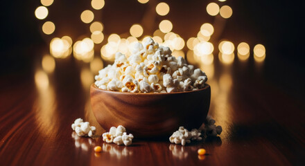 A wooden bowl full of fresh popcorn on a dark table. Cozy movie night snack with a warm bokeh lights background. Cinema and entertainment concept