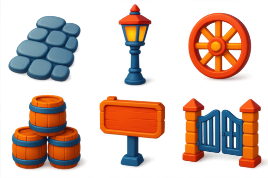 Variety of objects, including a sign, a wheel, and a barrel. The sign is orange and white, and it is a signpost or a street sign - Powered by Adobe