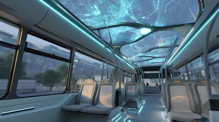 Futuristic public transportation interior with advanced technology features