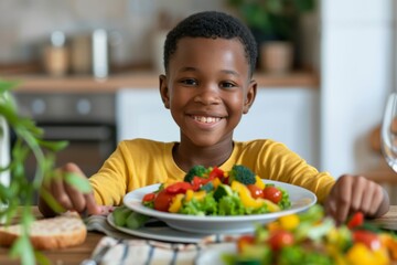 Happy child enjoying a healthy salad at home