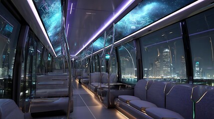 Luxurious futuristic automated transportation vehicle interior at nighttime cityscape