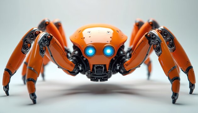 Orange spider robot with glowing blue eyes stands on light background. Mechanical machine creature represents advanced tech, future AI development, innovation. Features glossy, intricate design,