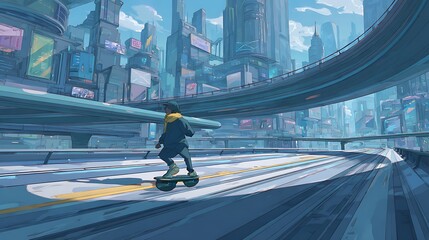 Skater navigates futuristic city infrastructure with vibrant cityscape scenery