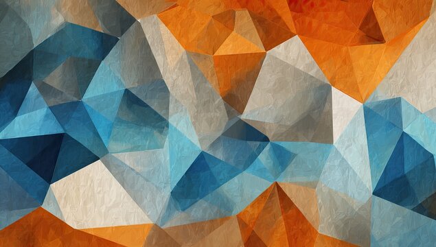 Geometric abstract with blue, orange, and gray shapes