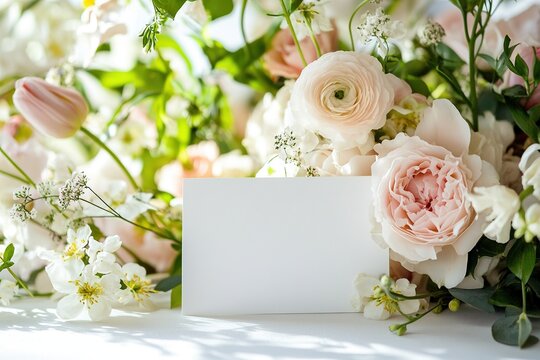 Blank card surrounded by elegant white and blush florals with roses, peonies and tulips arranged for wedding or spring event greeting