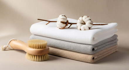 A stack of natural cotton towels with a wooden body brush for spa treatments. Wellness and self-care concept. Minimalist still life with copy space
