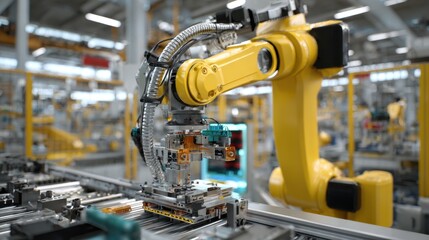 A robotic arm skillfully places electronic parts on a conveyor belt in a factory setting.