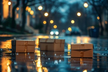 Boxes left on a rainy street at night