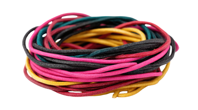 Stack of colorful elastic hair bands arranged in circular bundle showing vibrant textured rubber accessories for everyday usage isolated object on white background