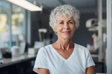 Senior woman smiling in a medical office environment