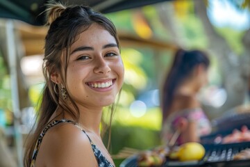 Young woman smiling at a summer barbecue gathering