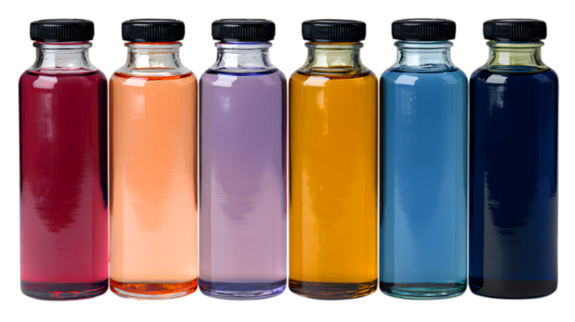 Six glass bottles filled with colorful liquids colored isolated on a transparent background - Powered by Adobe