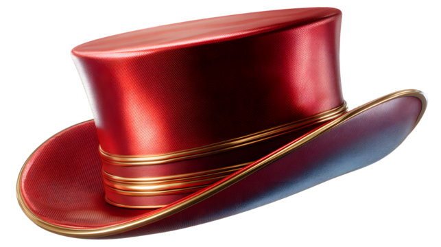 Shiny Red Top Hat With Gold Trim on White Background Keywords: hat, top hat, red, shiny isolated on a transparent background