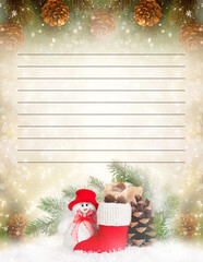 Christmas Santa letter template with cute smiling snowman in hat and red boot, printable To Do List, Wish list or planner. Paper for invitation or greeting card. Lined background with place for text.