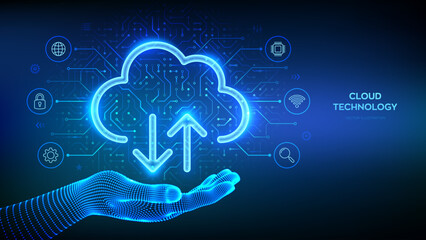 Cloud computing service. Secure Cloud Storage. Database storage, Data center. Cloud icon in wireframe hand. Upload download app. Circuit board pattern. PCB printed circuit texture. Vector illustration