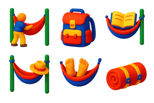 Series of images of people relaxing outdoors with a backpack, a book, and a hat. The mood of the images is calm and peaceful