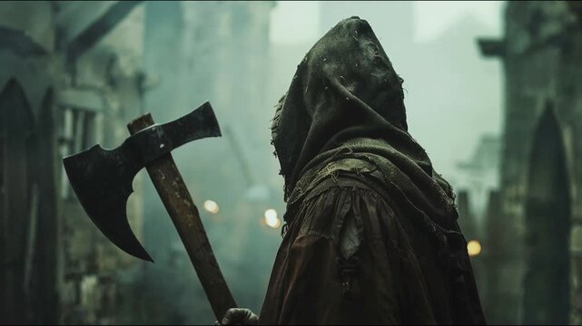 Medieval executioner holding battle axe in misty atmospheric setting, hooded figure creating dark ominous mood with cinematic lighting and shadows