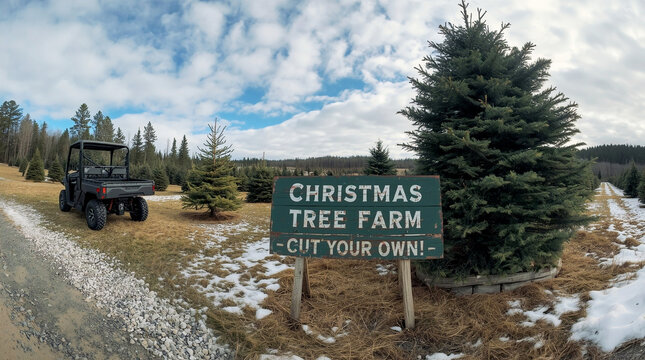 Christmas tree farm with rows of evergreen pines, rustic wooden sign, light snow on the ground, and scenic forest landscape under a bright blue sky during the holiday season