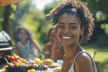 Young woman smiling at a summer barbecue with friends