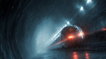High-Speed Train Piercing Through a Torrential Downpour at Nighttime