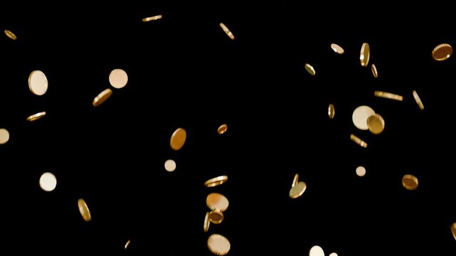 golden 3d coins falling from above, black background
